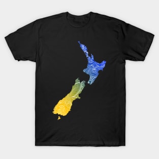 Colorful mandala art map of New Zealand with text in blue and yellow T-Shirt